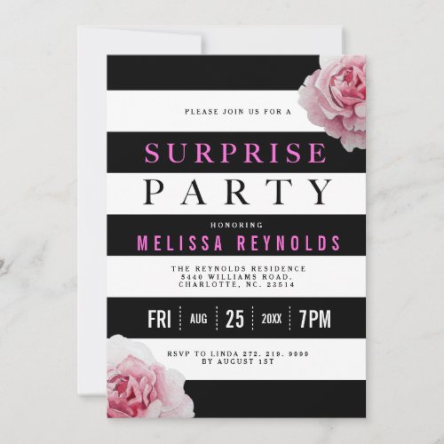 Black White and Pink Roses Surprise Party Invitation