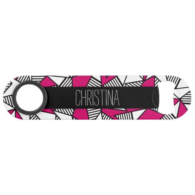 Black White and Pink Striped Triangles Monogram Speed Bottle Opener (Front (Horizontal))