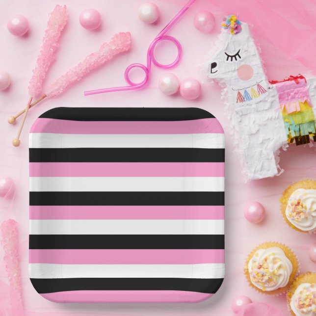 Black, White and Pink Stripes  Paper Plates (Party)