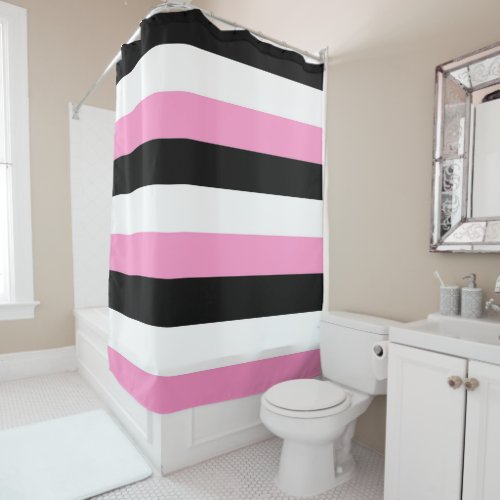 Black white and pink stripes shower curtain