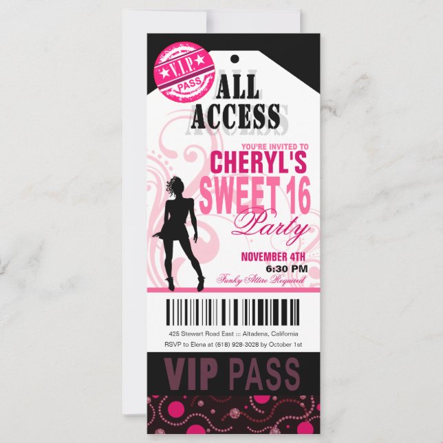 Black, White and Pink VIP Sweet 16 Ticket Party Invitation (Front)