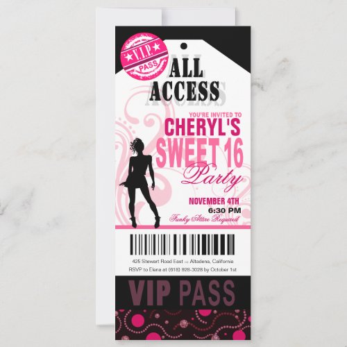 Black White and Pink VIP Sweet 16 Ticket Party Invitation