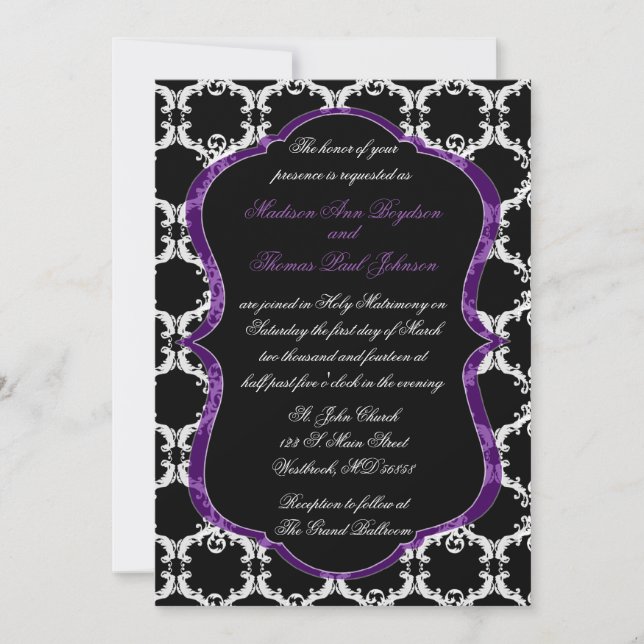 Black, White, and Purple Damask Wedding Invitation (Front)