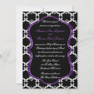 Black, White, and Purple Damask Wedding Invitation
