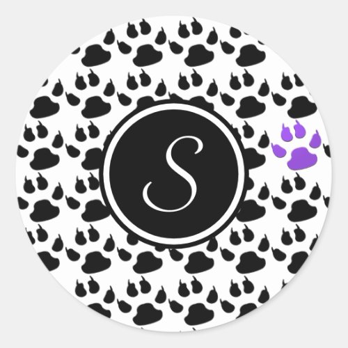 Black White and Purple Paw Print Classic Round Sticker