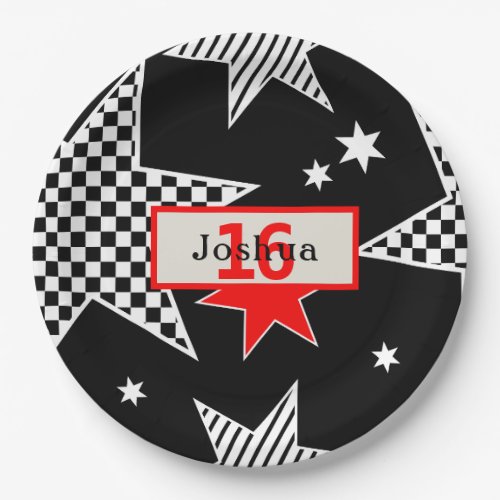 Black White and Red Checked Stars Birthday  Paper Plates