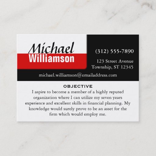 Customizable Black White and Red Corner RESUME Cards Business Card