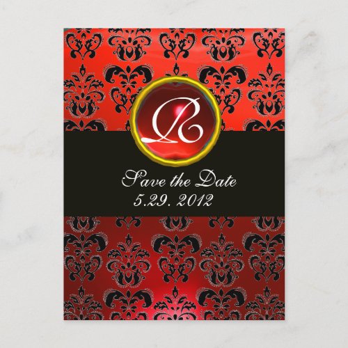 BLACK WHITE AND RED DAMASK RED RUBY Monogram Announcement Postcard