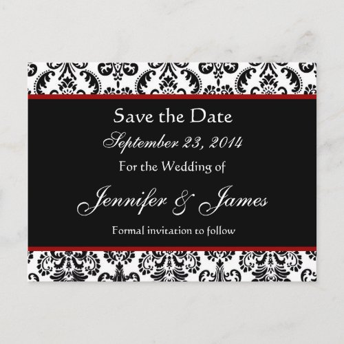 Black White and Red Damask Save Date Postcard