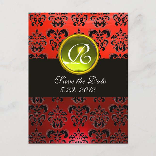 BLACK WHITE AND RED DAMASK  YELLOW TOPAZ Monogram Announcement Postcard (Front)