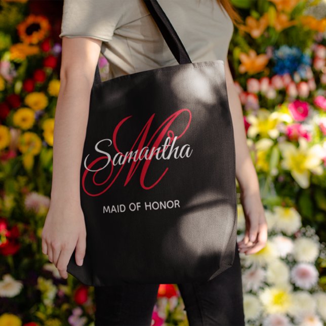 Black White and Red Fancy Monogram Maid of Honor Tote Bag (Black White and Red Fancy Monogram Maid of Honor Tote Bag)
