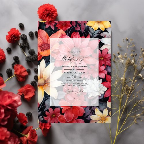 Black White and Red Floral Wedding Invitation