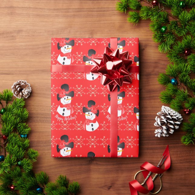 Black White and Red Happy Holidays Snowman  Wrapping Paper (Holiday Gift)