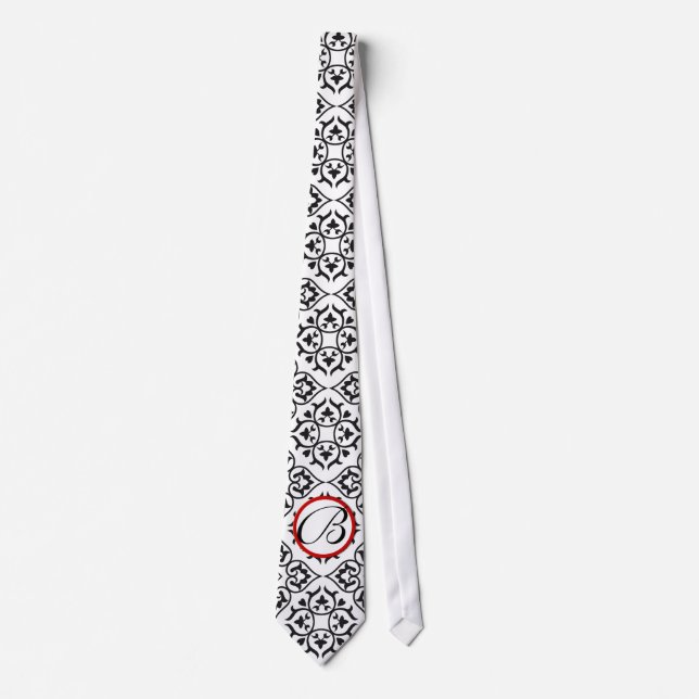 Black White and Red Heart Damask Tie (Front)