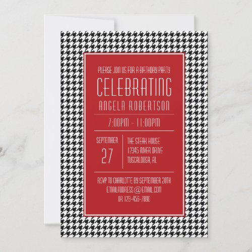 Black White and Red Houndstooth Birthday Invitation