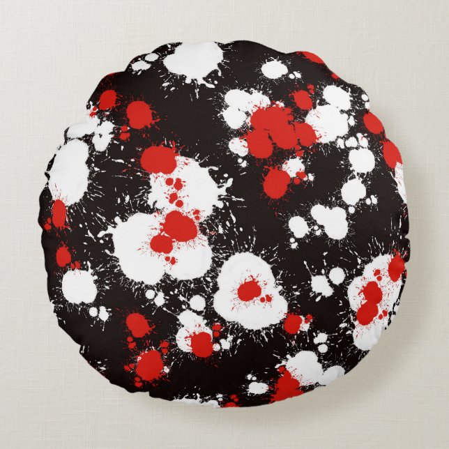 Black, White and Red Paint Splatter Round Pillow (Front)