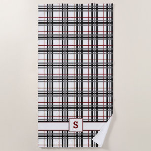 Black White and Red Plaid Beach Towel