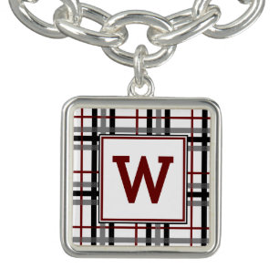 Black White and Red Plaid Charm Bracelet