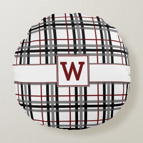 Black White and Red Plaid Round Pillow