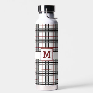 Black White and Red Plaid Water Bottle