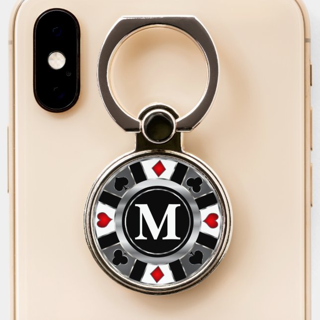 Black, White and Red Poker Chip - Monogram Phone Ring Stand (Close Up)