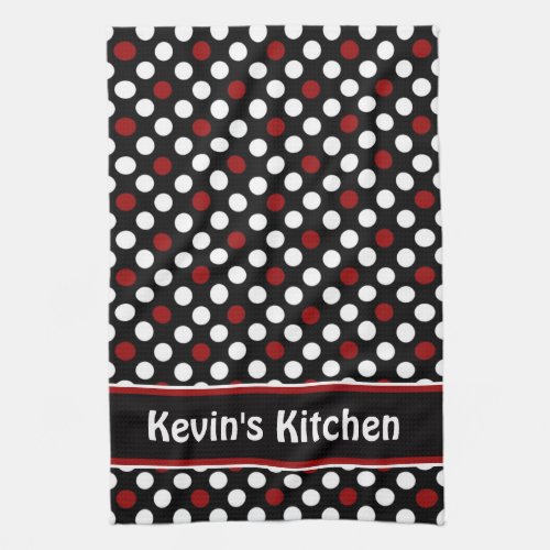 Black White and Red Polka Dot Personalized Kitchen Towel