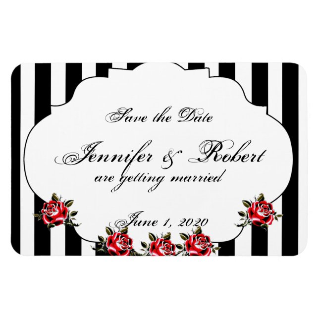 Black White and Red Rose Wedding Save the Date Magnet (Horizontal)
