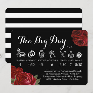 Black White and Red Roses Wedding Timeline Invitation