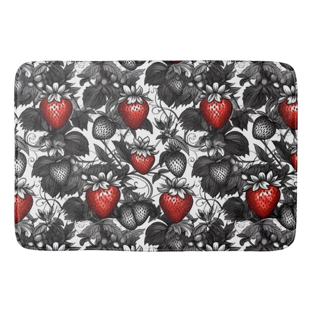 Black, White, and Red Strawberries All Over Bath Mat (Front)