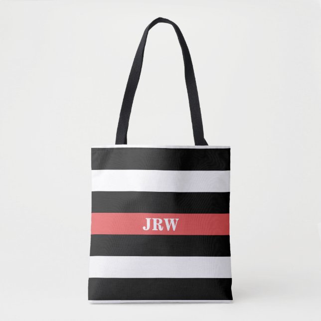 Black White and Red Striped Monogram Tote Bag (Front)