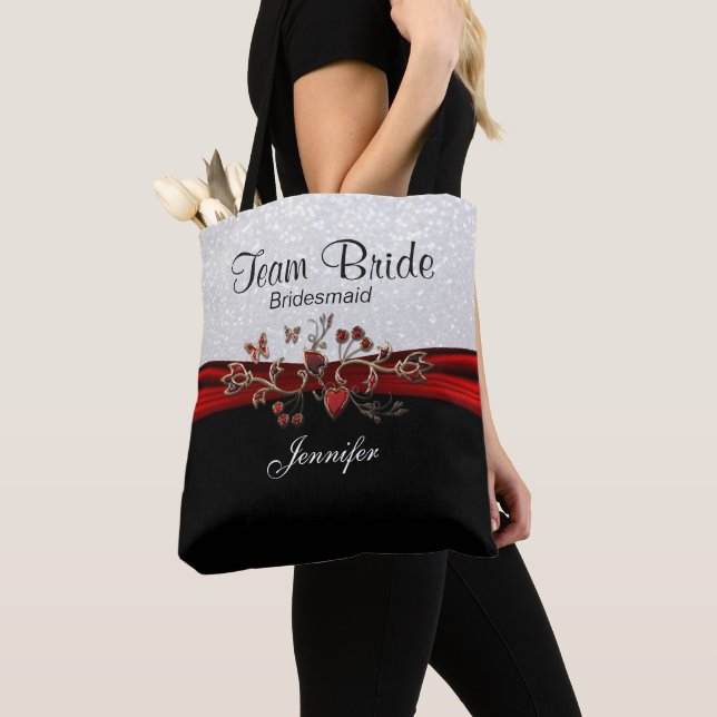 Black, White and Red Team Bride Tote Bag (Close Up)