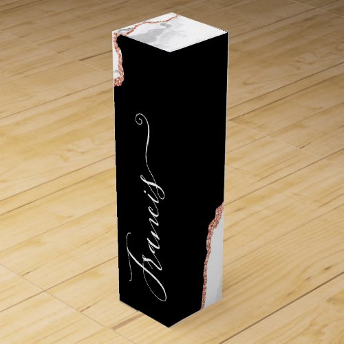 Black White and Rose Gold Agate Personalized Wine Box