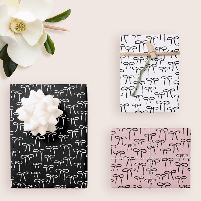 Black White and Rose Simple Bows Pattern Wrapping Paper Sheets (set of three gift wrapping sheets with coordinating pattern of black and white simple bows plus pink)