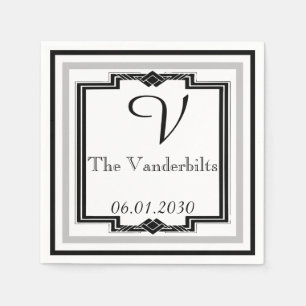 Black, White and Silver Art Deco Frame Wedding Paper Napkins