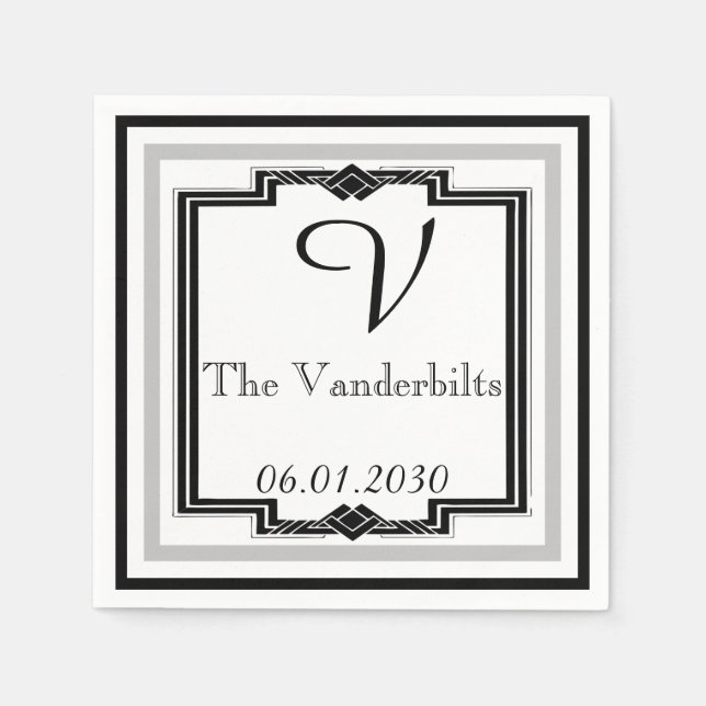 Black, White and Silver Art Deco Frame Wedding Paper Napkins (Front)