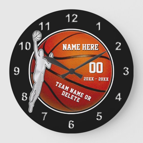 Black White and Silver Basketball Gifts for Boys Large Clock