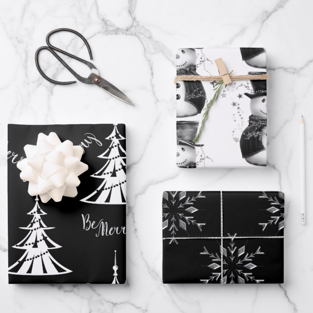 Black, White and Silver Christmas Wrapping Paper Sheets (Front)