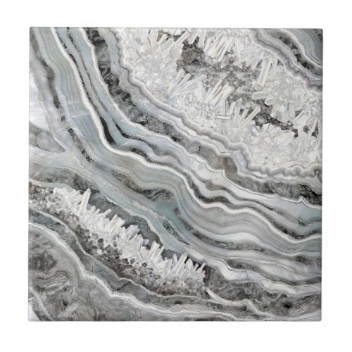 Black White and Silver Geode Digital Art Ceramic Tile