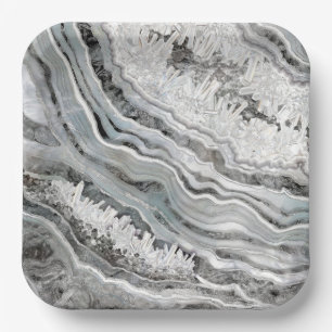 Black White and Silver Geode Digital Art Paper Plates