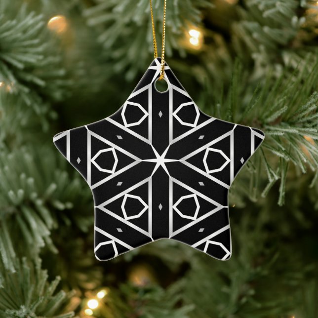 Black White and Silver Geometric pattern Ceramic Ornament (Tree)