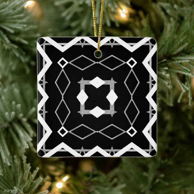 Black White and Silver Geometric pattern Ceramic Ornament (Tree)