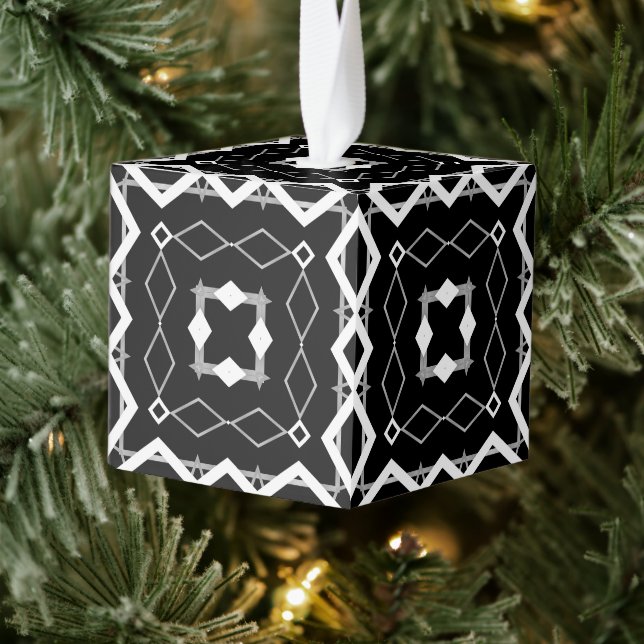 Black White and Silver Geometric pattern Cube Ornament (Tree)