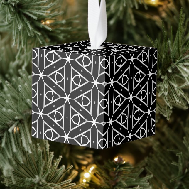 Black White and Silver Geometric pattern Cube Ornament (Tree)