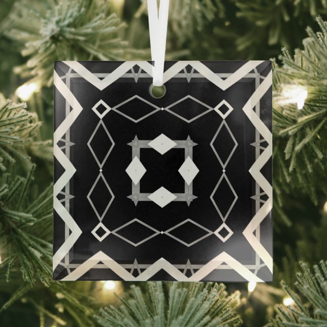 Black White and Silver Geometric pattern Glass Ornament (Insitu)