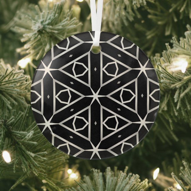 Black White and Silver Geometric pattern Glass Ornament (Insitu)
