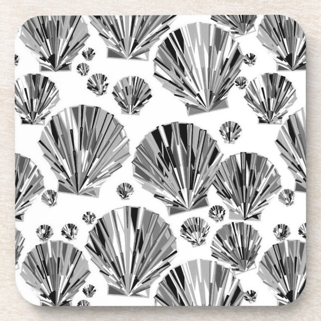 Black, White and Silver Gray Sea Shells Beverage Coaster (Front)