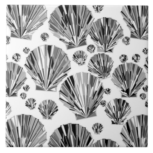 Black, White and Silver Gray Sea Shells Ceramic Ti Tile (Front)