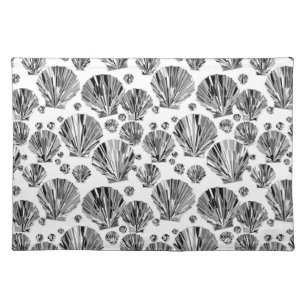 Black, White and Silver Gray Sea Shells Cloth Placemat