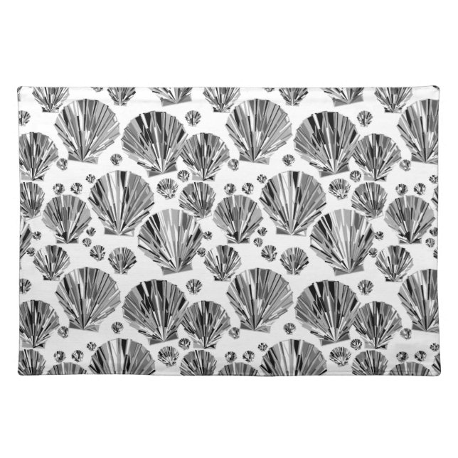 Black, White and Silver Gray Sea Shells Cloth Placemat (Front)