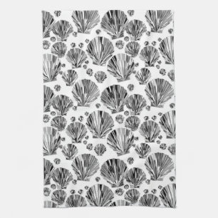 Black, White and Silver Gray Sea Shells Kitchen Towel